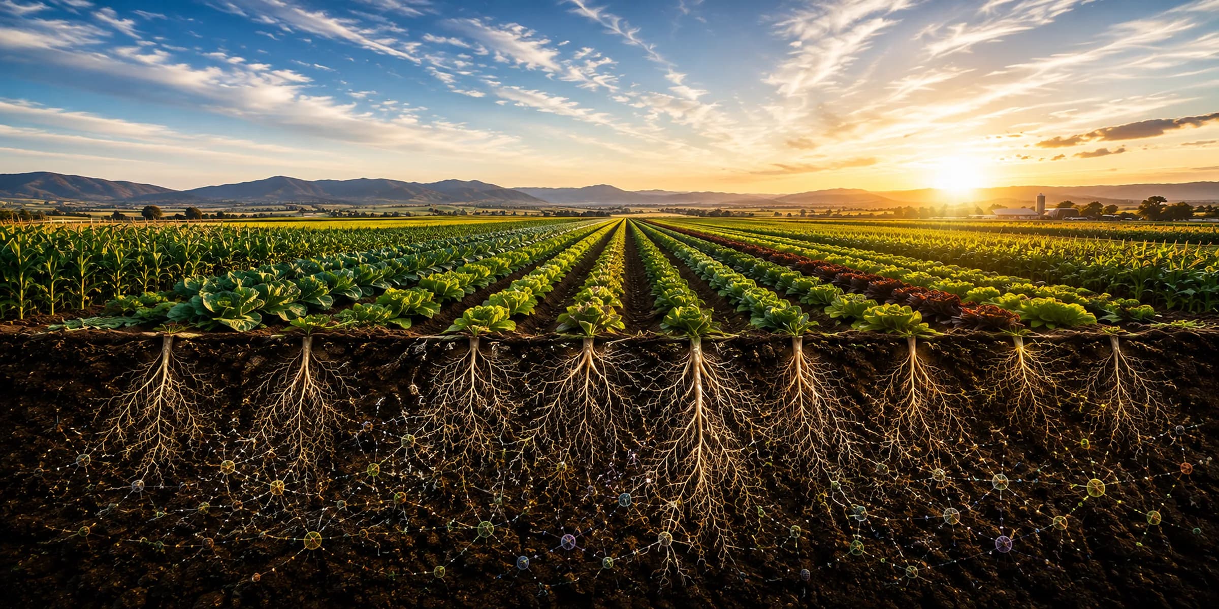 A wide multi-crop agricultural valley at sunrise shown in cross-section — corn, cabbage, and leaf-lettuce varieties above the soil line; multiple root systems reaching into a living rhizosphere with its microbial network below.