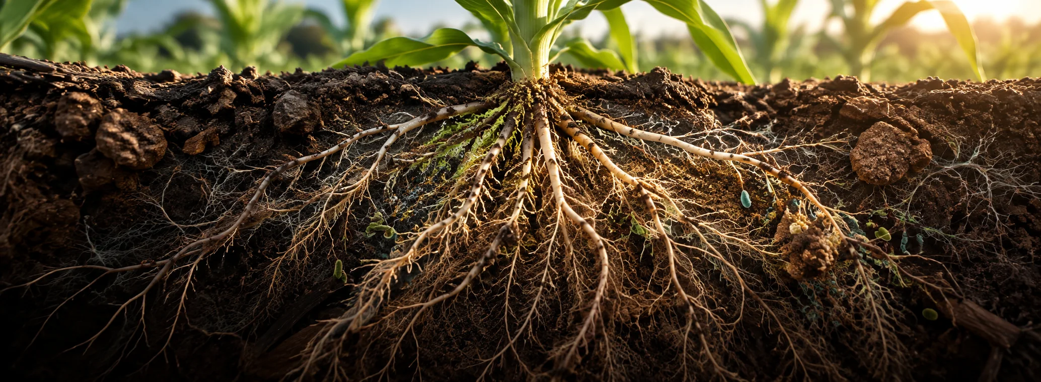 Cross-section of a young crop in the field: leaves above the soil line, the root crown at the surface, and major roots branching into fine root architecture through the dark root zone.